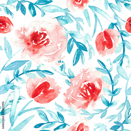 Loose watercolor flowers in coral and turquoise. Seamless hand-painted pattern.