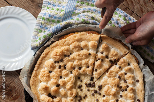 House Woman Cutting Just Baked Cheesecake Hand Cutting Freshly
