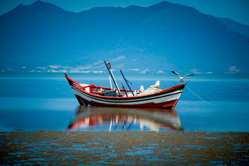 Barco de pesca com reflexo e céu azul