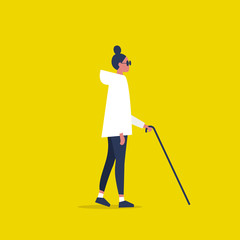 Young female sightless character wearing dark shades and holding a cane. Concept. Flat editable vector illustration, clip art