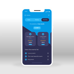 Blue events UI, UX, GUI screen for mobile apps design. Modern responsive user interface design of mobile applications including events and party screen with daily, weekly and monthly news elements