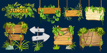 Set Game Wooden Boards And Branches Liana And Tropical Leaves. Isolated Gui Elements Plants Of Jungle And Cartoon Panels With Space For Text . Vector Illustration On White Background.