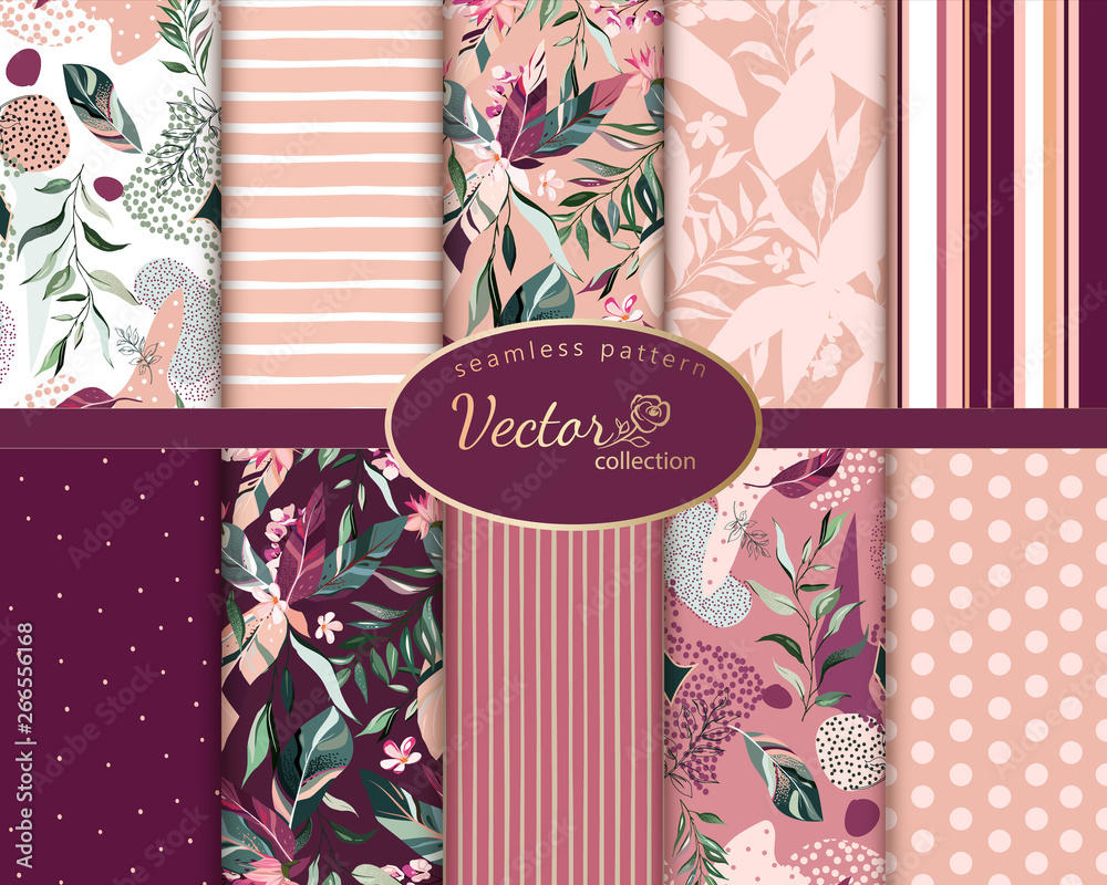 set botanic and abstract seamless pattern with exotic flowers and ...