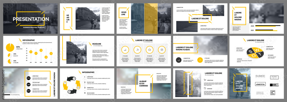 Presentation template. Yellow elements for slide presentations on a white background. Use also as a flyer, brochure, corporate report, marketing, advertising, annual report, banner. - obrazy, fototapety, plakaty 