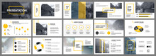 Presentation Template. Yellow Elements For Slide Presentations On A White Background. Use Also As A Flyer, Brochure, Corporate Report, Marketing, Advertising, Annual Report, Banner.