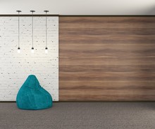 A Loft-style Wall With A Turquoise Armchair And Three Light Bulbs . 3D Rendering.