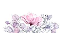 Watercolor Transparent Floral Arrangement Of Roses Buds Leaves Branches In Pastel Pink, Grey, Blue, Violet, Purple Vintage Ornament Bouquet Corner, X-ray, Wedding Design, Stationery Print, Frame  