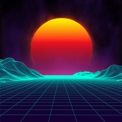 Wall Mural - retro background futuristic landscape 1980s style. digital retro landscape cyber surface. retro musi