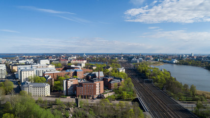 Wall Mural - Aerial view of the Railway station, in the city of Helsinki, on a sunny summer day.  Finland