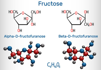 Canvas Print - Fructose, alpha-D-fructofuranose, beta-D-fructofuranose molecule. Cyclic form. Structural chemical formula and molecule model