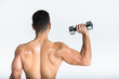 © LIGHTFIELD STUDIOS - back view of sportive man with muscular torso holding dumbbell on white