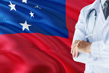 samoan doctor standing with stethoscope on samoa flag background. national healthcare system concept