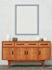 Mock up poster with retro sideboard,home decoration, 3d render, 3d illustration