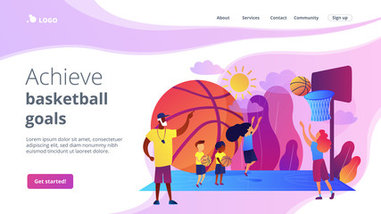 Sticker - Coach teaching and kids practicing basketball in summer camp, tiny people. Basketball camp, NBA academy, achieve basketball goals concept. Website homepage landing web page template.