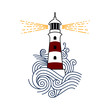 Red and white lighthouse among the waves of the sea. Vector image of a lighthouse.