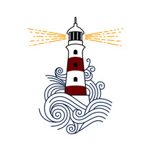Red And White Lighthouse Among The Waves Of The Sea. Vector Image Of A Lighthouse.