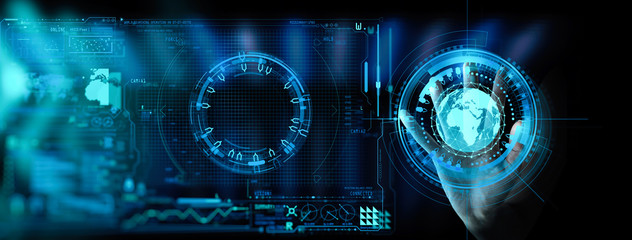 Aufkleber - Hand working with the earth with network line with point on the star and world modern UI with Internet Network concept.