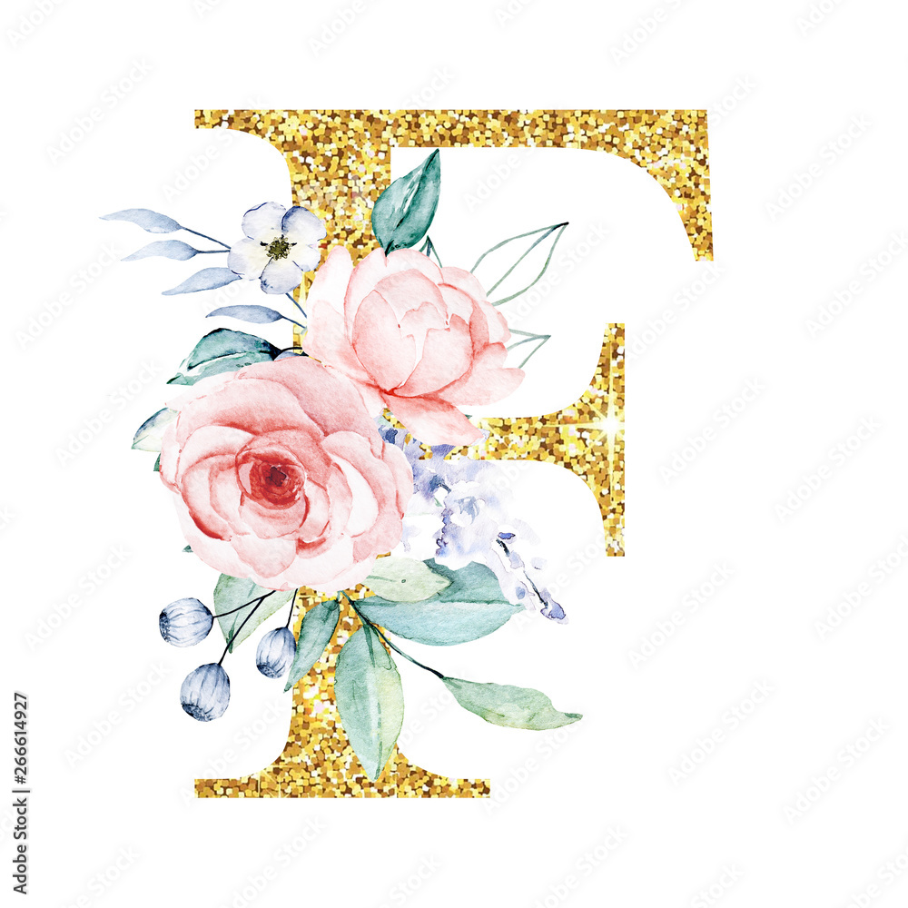 Floral alphabet, letter F with watercolor flowers and leaf. Gold glitter  monogram initials perfectly for wedding invitation, greeting card, logo and  other. Holiday design hand drawn. Stock Illustration | Adobe Stock, image size:1000x1000