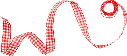 Wall Mural - red check ribbon curl isolated on white background. Red plaid ribbon bow and curl isolated on white background