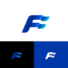 Poster - F letter. F monogram. Blue flag on different backgrounds. Forward emblem.