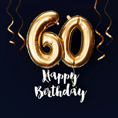 Wall Mural - Happy 60th Birthday gold foil balloon background with ribbons. 3D Render