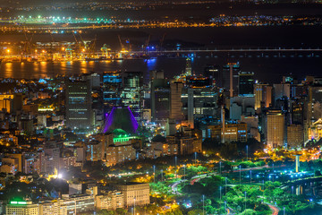 Fototapete - Night aerial view of Centro, Lapa and Cathedral. Rio de Janeiro