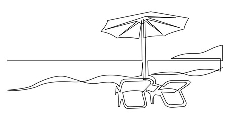 Sticker - continuous line drawing of couple of beach chairs under umbrella on sea beach