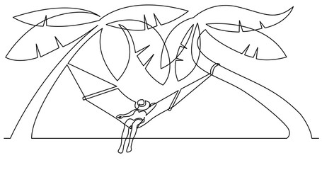 Sticker - continuous line drawing of woman relaxing on hammock on tropical beach during vacation