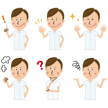 半袖の7:3分けの男性　上半身　6ポーズセット