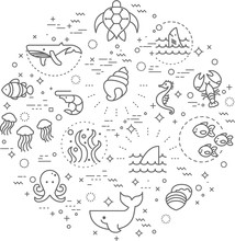 Simple Set Of Sea Life And Ocean Related Vector Line Illustration. Contains Such Icons As Nautical Creatures, Sea, Ocean And More. Modern Style Line Drawing And Background Color White. 