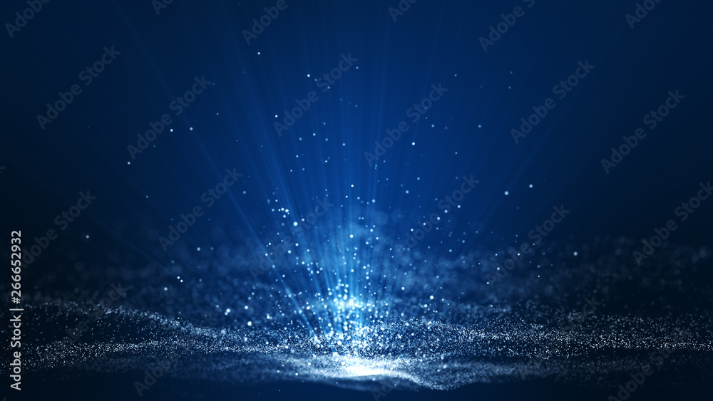 Abstract dark blue digital background with sparkling blue light particles and areas with deep depths Particles form into lines, surfaces and grids - obrazy, fototapety, plakaty 