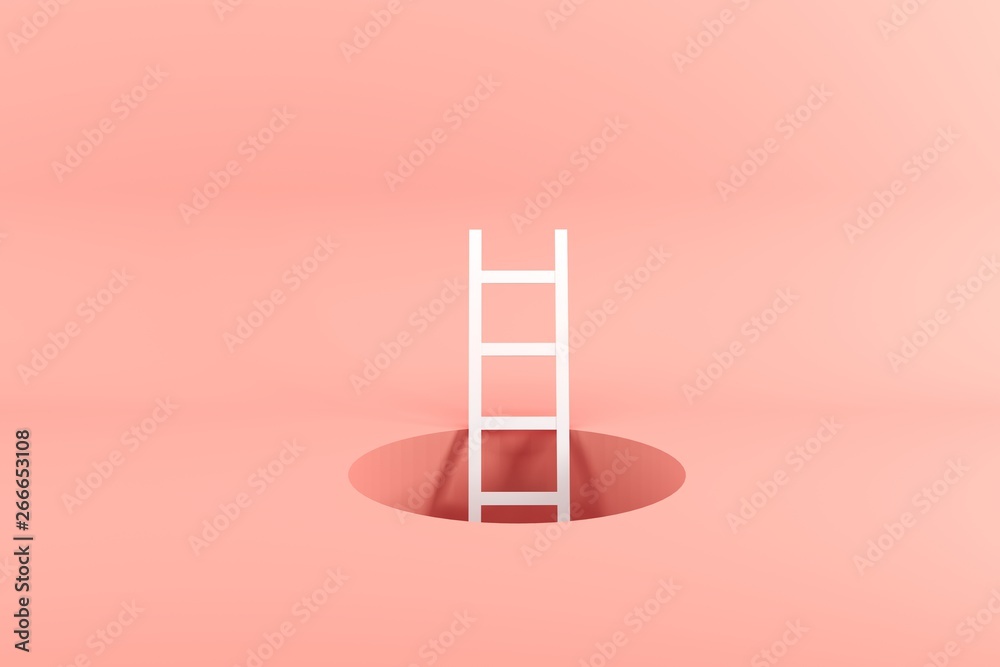 Outstanding white ladder standing inside hole on pink background. Minimal conceptual idea concept. 3D Render. - obrazy, fototapety, plakaty 