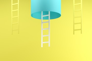 Wall Mural - Outstanding white ladder hanging inside blue tube between two yellow ladders on blue background. Minimal conceptual idea concept. 3D Render.