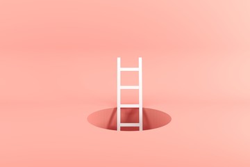 Wall Mural - Outstanding white ladder standing inside hole on pink background. Minimal conceptual idea concept. 3D Render.