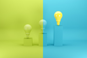 Wall Mural - Outstanding bright yellow light bulb on the highest bar chart on green and blue background. Minimal conceptual idea concept. 3D Render.