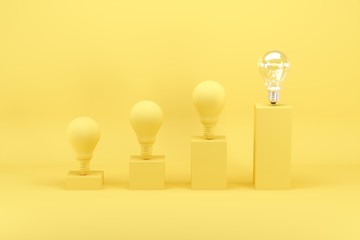 Wall Mural - Outstanding light bulb among light bulbs painted in yellow on bar chart on yellow background. Minimal conceptual idea concept. 3D Render.