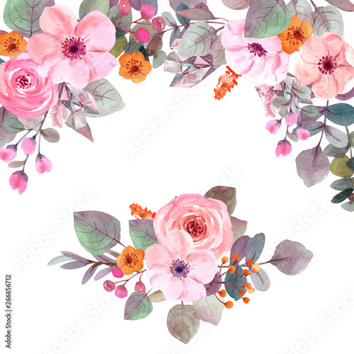 watercolor flowers. floral illustration, Leaf, Botanic composition for weddin...
