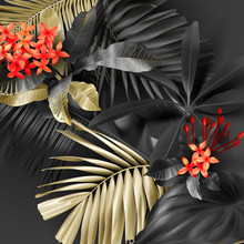 Tropical Black And Gold Leaves On Dark Vector Background. Beautiful Botanical Design With Golden Tropic Jungle Palm Leaves, Exotic Red Flower Exotic Design For Vintage Flyer Banner With Floral Pattern
