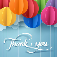 Wall Mural - Paper art of thank you calligraphy hand lettering with colorful balloon