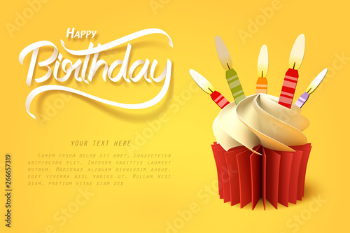 Paper art of the cup of cake and happy birthday calligraphy hand lettering Canvas Print