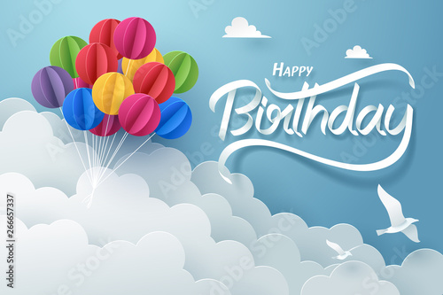 Fotomural Paper art of happy birthday calligraphy hand lettering with colorful balloon