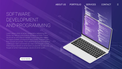 Software development and programming, program code on laptop screen, big data processing, computing isometric