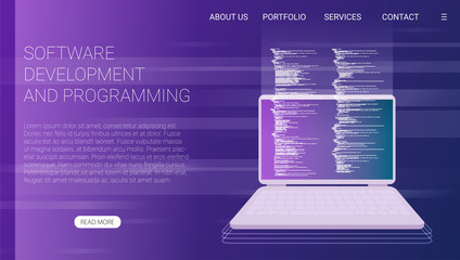 Software development and programming, program code on laptop screen, big data processing, computing isometric