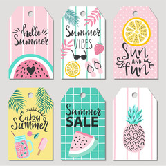Set of gift tags with summer fruits, ice cream, cocktails and activities. Labels with bright vector summer illustrations