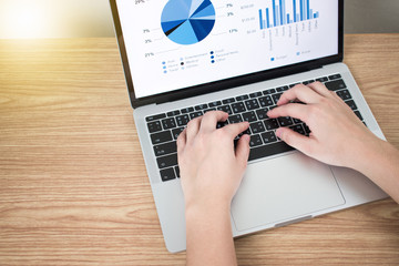 Poster - Picture of the data graph in a laptop computer on a brown wood desk.