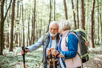 Wall Mural - Beautiful senior couple hiking with backpacks and trekking sticks in the forest. Concept of active lifestyle on retirement