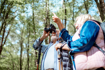 Wall Mural - Senior couple looking with binoculars while hiking in the forest. Concept of an active lifestyle on retirement