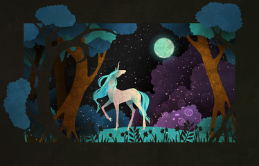 Unicorn in front of magic forest, night sky clouds and moon. Fairy tale illustration