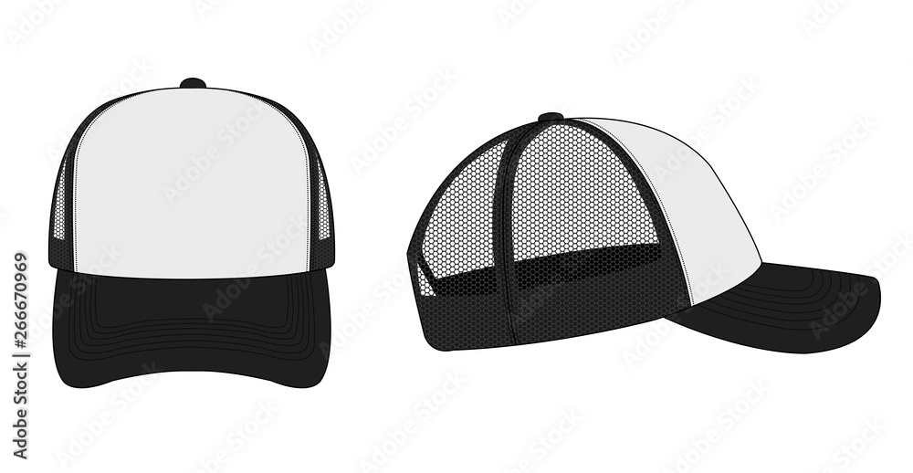 trucker cap / mesh cap template illustration (white & black) - obrazy, fototapety, plakaty 