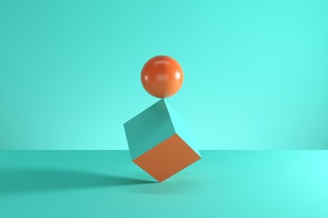 Wall Mural - Orange sphere on the edge of blue cube isolated on blue background. Minimal concept idea. 3D Render.